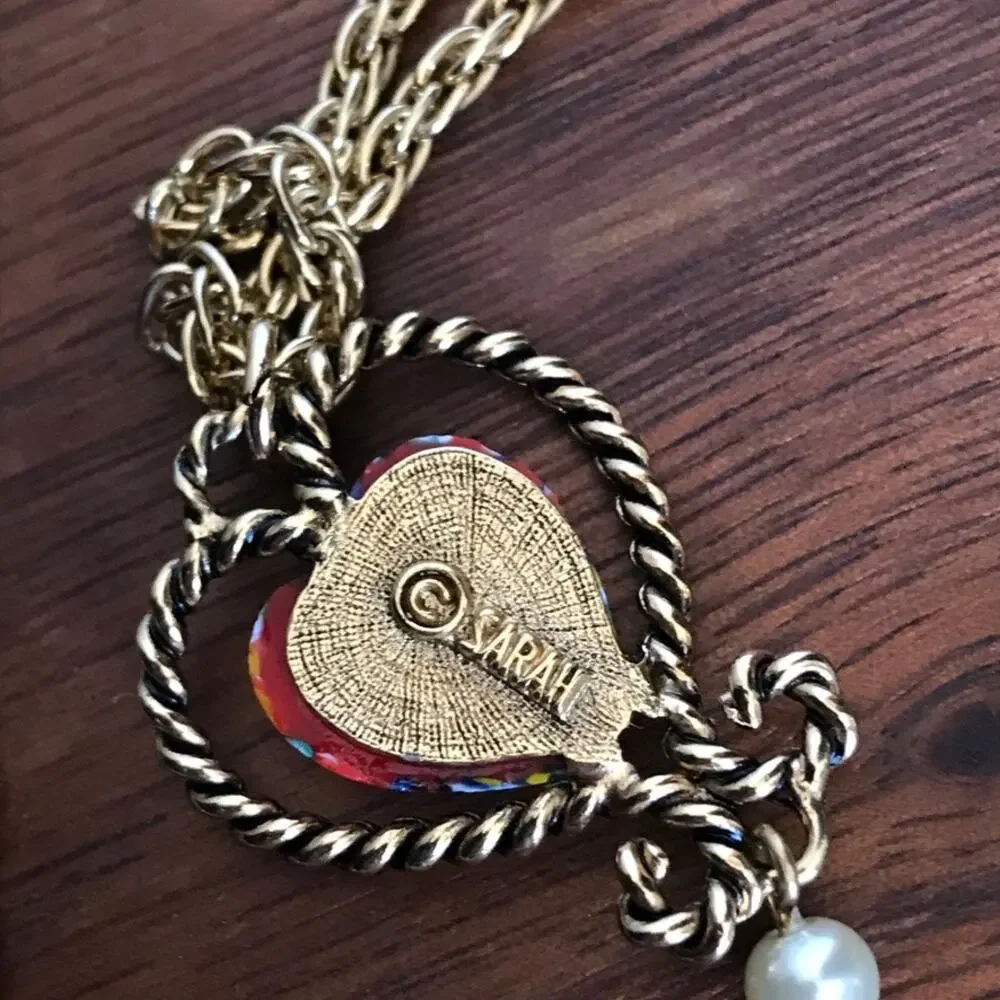 Sarah Coventry Twin Hearts Pendant Necklace Millefiori Glass Heart Gold Tone